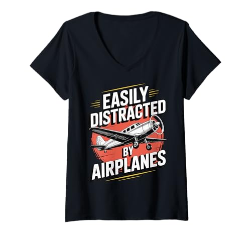 Damen Easily Distracted by Airplanes T-Shirt mit V-Ausschnitt Damen Easily Distracted by Airplanes T-Shirt mit V-Ausschnitt von Flugzeug Luftfahrt Flugzeuge Plane Spotter