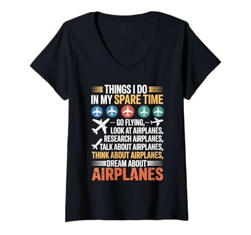 Damen Meine Freizeit Flugzeuge Fliegen Forschen Sprechen T-Shirt mit V-Ausschnitt von Flugzeuge Enthusiasten Freizeitaktivitäten