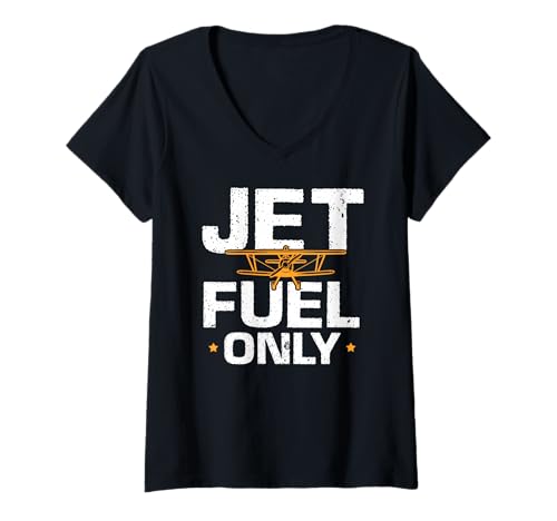 Damen Nur Jet Treibstoff Lustiger Pilot Spruch T-Shirt mit V-Ausschnitt von Flugzeugfans und Fluglehrer