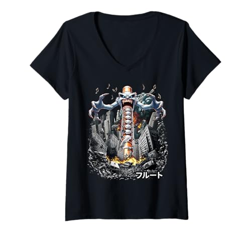 Damen Lustiges Flöteninstrument Kaiju Monster Japanisch T-Shirt mit V-Ausschnitt von Flute Instrument Kaiju Monster Clothing