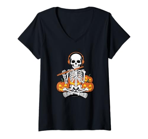 Damen Halloween Skelett Flöte Flötist T-Shirt mit V-Ausschnitt Damen Halloween Skelett Flöte Flötist T-Shirt mit V-Ausschnitt von Flute Music Marching Band Lover Gifts