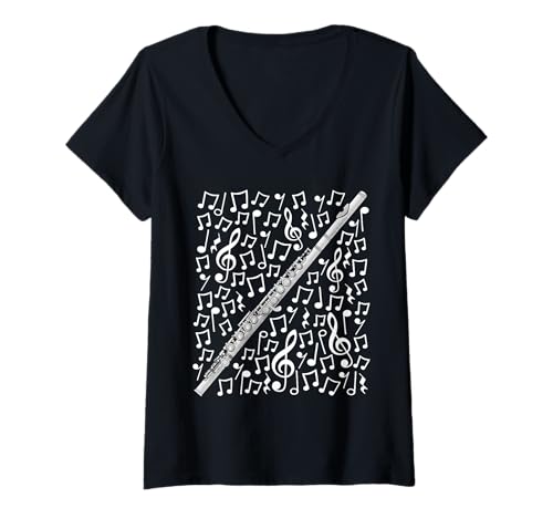 Damen Flöte Musiknoten Flötist Musiker Orchester T-Shirt mit V-Ausschnitt Damen Flöte Musiknoten Flötist Musiker Orchester T-Shirt mit V-Ausschnitt von Flute Teacher Music Notation Flutist By DoodleRob