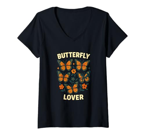 Damen Butterfly Lover Retro Ästhetische Natur Grafik T-Shirt mit V-Ausschnitt von Flutter Garden and Butterfly Designs