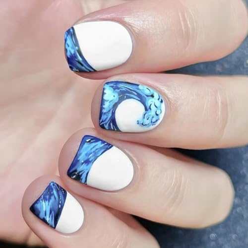 24 Stücke Falsches Nägel Blau Und Weißes Muster Mit Wasserdesign Dekors Kurzquadratische Formstock Für Frauen Modischer Nagel von Fluxioxtna