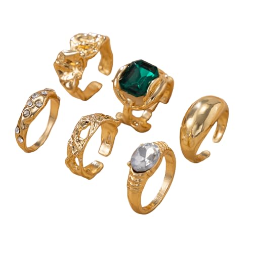 Fluxioxtna Goldfarbe Strasssteine ​​Verstellbare Öffnungsringe Eingelegt Grüne Pfirsichsteine ​​Ringe Für Frauen 6 Stück Schmuck Geschenkkollektion Eingelegtes Zirkonschmuck Set von Fluxioxtna