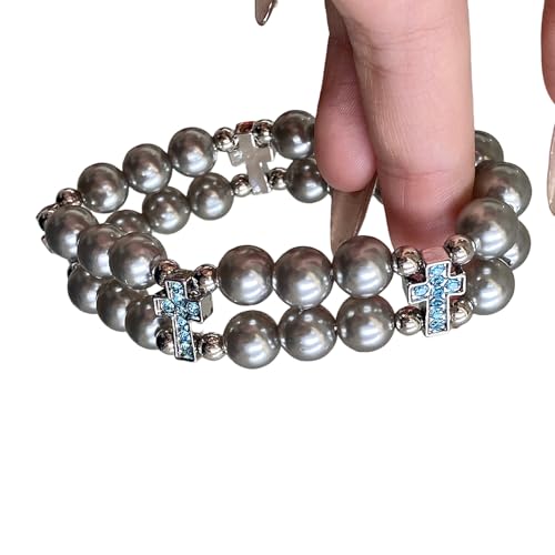 Fluxioxtna Oxidationsresistente Imitation Perlen Armband Doppelschicht Kreuzt Charm Elastic Kette Schmuck Perlen Kreuzt Armband von Fluxioxtna