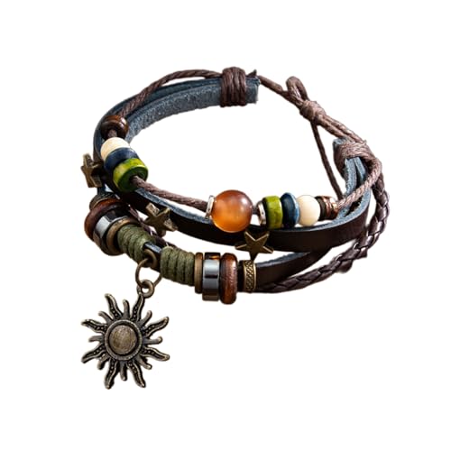 Fluxioxtna Verstellbares Geflochtenes Kabelarmband Metall Sonne Charm Layer Designs PU Leder Armband Für Tägliche Verschleiß Vintage Ethnic Layer Armband von Fluxioxtna