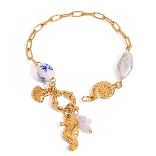 Fluxioxtna Vielseitiges Meeresschalen Anhängerarmband Mit Perlen Für Tägliche Verpackungsdesign Pendellanbangemschmuck Edelstahl Beachy Armband von Fluxioxtna