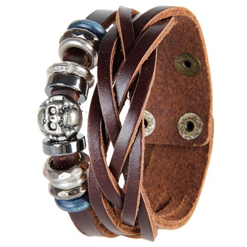 Fluxioxtna Vintage Handgefertigtes Lederschädel Armband Mehrschichtband Handgelenkschmuck Juwel Für Modebegeisterte Perlenschädel von Fluxioxtna