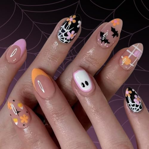 Halloween Press Auf Nägeln Mandel Französisch Tipps Gefälschte Nägel Acrylnägel Mit Blumenschläger Designs Für Frauen Halloween Nagel von Fluxioxtna