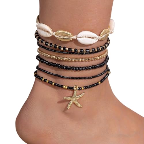 Marine Inspirierte Fußkettchenkollektion 7pcs Glaskristall Fuß Schmuck Schwarzweiß Meer Knöchelketten Für Outdoor Festival Schwarz Weiß Muscheln Fußketten von Fluxioxtna