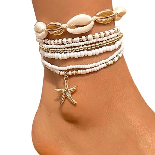 Marine Inspirierte Fußkettchenkollektion 7pcs Glaskristall Fuß Schmuck Schwarzweiß Meer Knöchelketten Für Outdoor Festival Schwarz Weiß Muscheln Fußketten von Fluxioxtna
