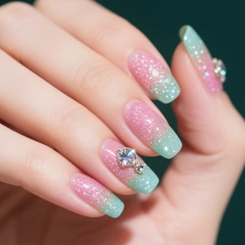 Square Press Auf Nägeln Gefälschte Glitzer Kleber Auf Künstlichem Acryl 24 Pcs Kleben Für Frauen Mädchen Design Falscher Nagel von Fluxioxtna