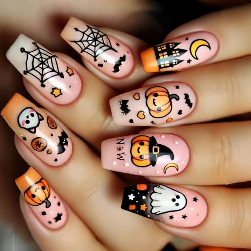 Wiederverwendbares Halloween False Länge Quadratische Form Kürbisspauerwebkunst ABS Press Auf Nägel Für Kostümpartys Nagel Falsche Dunkle Gotische Party von Fluxioxtna