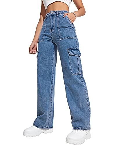Damen Cargohose Hohe Taille Baggy Cargo Jeans Straight Leg Y2K Streetwear Hose 6 Taschen für Frauen Teenager Mädchen, Hell, blau, Groß von Flvsun