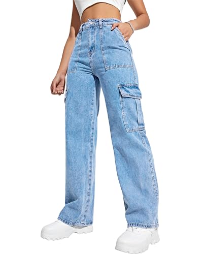 Damen Cargohose Hohe Taille Baggy Cargo Jeans Straight Leg Y2K Streetwear Hose 6 Taschen für Frauen Teenager Mädchen, Hellblau 02, X-Klein von Flvsun