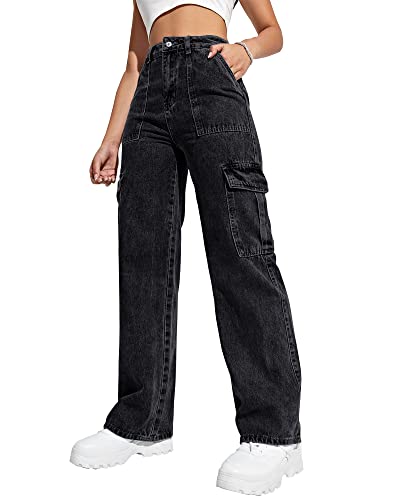 Damen Cargohose Hohe Taille Baggy Cargo Jeans Straight Leg Y2K Streetwear Hose 6 Taschen für Frauen Teenager Mädchen, Schwarz, X-Klein von Flvsun