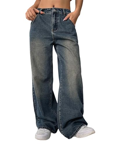 Damen High Waist Baggy Jeans 90er Jahre Grunge Boyfriend Wide Leg Denim | Y2K Vintage Loose Fit in Medium/Retro Dunkelblau Waschung, Dunkelblau, Groß von Flvsun