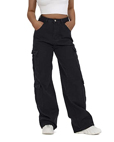 Damen High Waist Cargo Jeans Flap Pocket Baggy Cargo Pants Y2K Wide Leg Denim Jeans Y2K Streetwear Pants, Schwarz, Groß von Flvsun