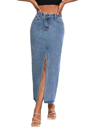 Damen High Waist Maxi Denim Rock Front Split Frayed Raw Hem A Linie Casual Long Jeans Rock, 9009Mid Blue, Groß von Flvsun