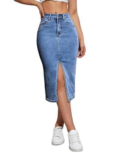 Damen Jeans-Bleistiftröcke, mittellang, hohe Taille, A-Linie, Midi-Jeansrock, geteilter Saum, Röcke für Damen., Mittleres Blau, Groß von Flvsun