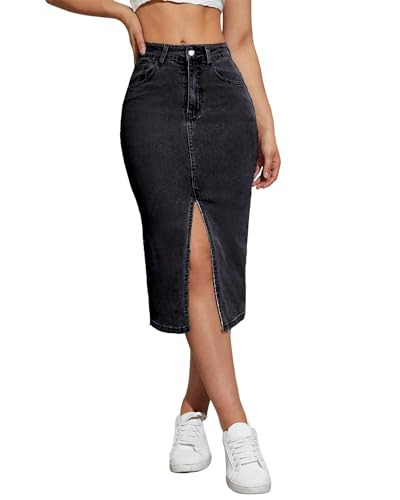 Damen Jeans-Bleistiftröcke, mittellang, hohe Taille, A-Linie, Midi-Jeansrock, geteilter Saum, Röcke für Damen., Schwarz, Groß von Flvsun