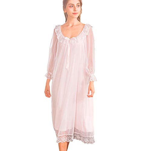 Flaydigo Damen Kleid Nachthemd Langarm Spitze Vintage Viktorianischen Stil Nachthemd Sweet Loose Comfort Langen Rock Nachtwäsche, L / Tag XL, Rosa von Flwydran