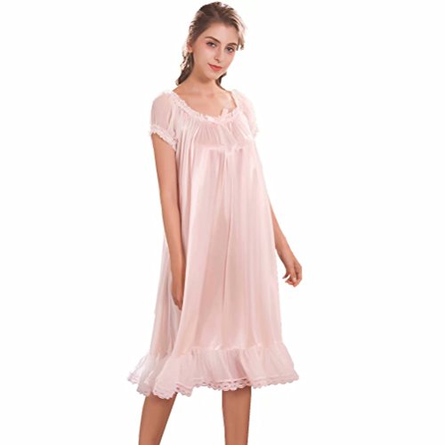 Flwydran Damen-Nachthemd, kurzärmelig, Satin, Seide, Übergröße, viktorianisches Nachthemd, Rosa, Rose, X-Large von Flwydran