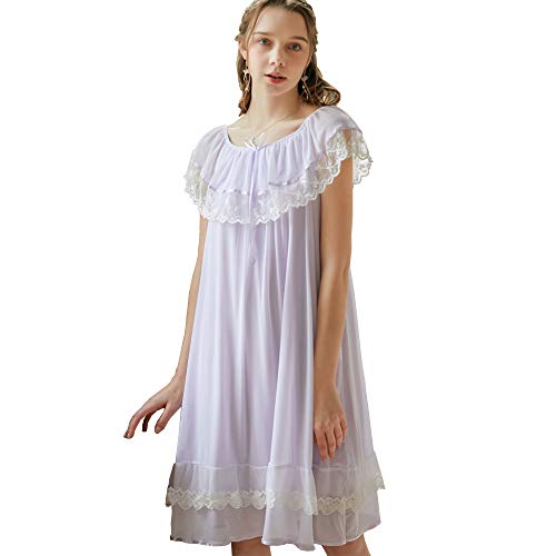 Flwydran Damen-Nachthemd, viktorianisch, kurzärmelig, durchsichtig, Pyjama, Nachtwäsche, Lounge-Kleid, violett, 38 von Flwydran