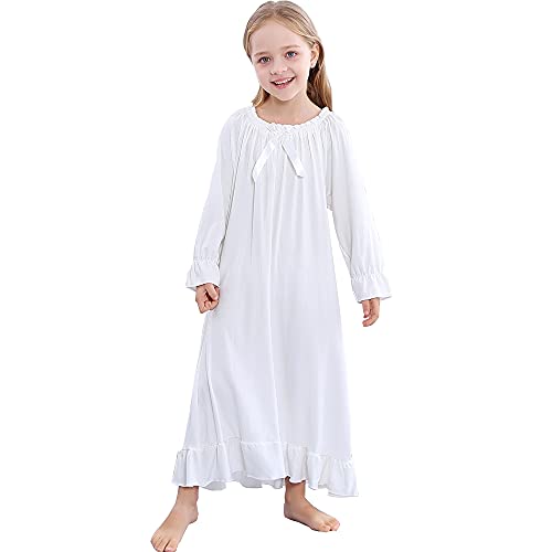 Flwydran Nachthemden Mädchen Langarm Weich Familien Schlafanzug Lang Nightdress Sleepwear (2-3 Jahre，100， Weiß 2) von Flwydran