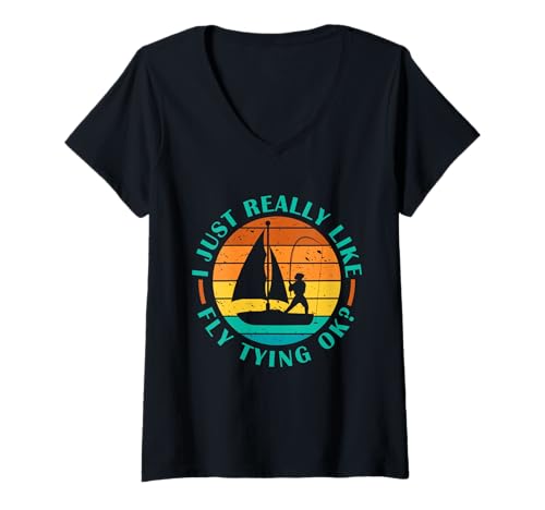 Damen Fliegenbinden Passion Retro Sonnenuntergang Design T-Shirt mit V-Ausschnitt Damen Fliegenbinden Passion Retro Sonnenuntergang Design T-Shirt mit V-Ausschnitt von Fly Fishing Enthusiasts