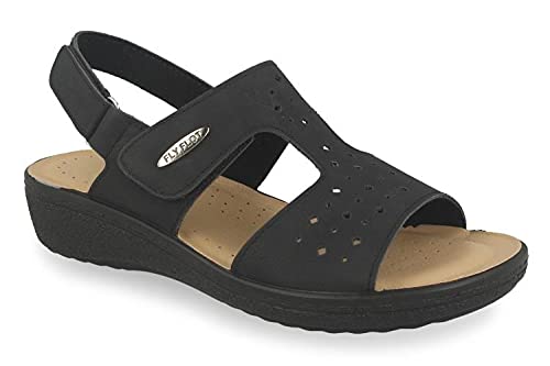 Fly Flot Bientina Damen-Sandalen aus Kunstleder, mit verstellbarem Klettverschluss hinten, Fußbett aus Leder, Hausschuhe, Schwarz , 35 EU von Fly Flot