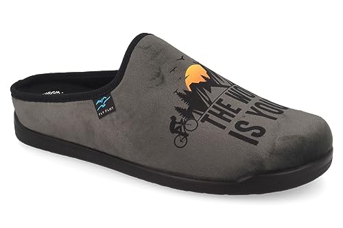 Fly Flot | Casual Man, Hausschuhe für Herren mit Druck, Hausschuhe mit Obermaterial aus weicher Mikrofaser, stoßdämpfende Mikrofaser, anthrazit, 45 EU von Fly Flot