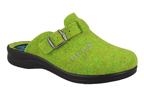 Fly Flot Damen Hausschuh Filz Pantoffel leicht mit Riemen und Schnalle 320302, Größe:37 EU, Farbe:Grün von Fly Flot