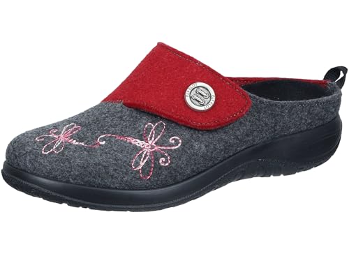 Fly Flot Damen Pantoffel PET Filz Hausschuh mit Libellen Stickerei und Knopf, Größe:37 EU, Farbe:Rot von Fly Flot
