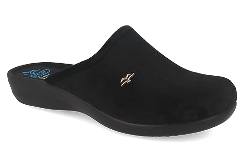 Fly Flot Damen Pantoffel Textil Hausschuh samtig weiche Haptik und Keilabsatz, Größe:38 EU, Farbe:Schwarz von Fly Flot