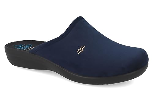 Fly Flot Damen Pantoffel Textil Hausschuh samtig weiche Haptik und Keilabsatz, Größe:42 EU, Farbe:Blau von Fly Flot