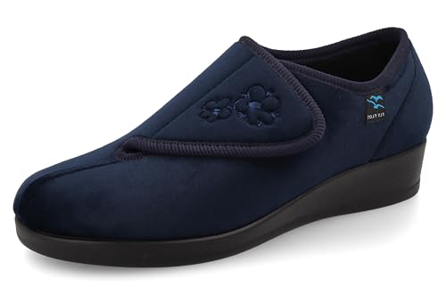 Fly Flot Damen Pantofole Donna In Microfibra Con Chiusura A Strappo Regolabile E Fiore Ricamato, Sottopiede In Memory Estraibile Schiebe-Sandalen, blau, 36 EU von Fly Flot