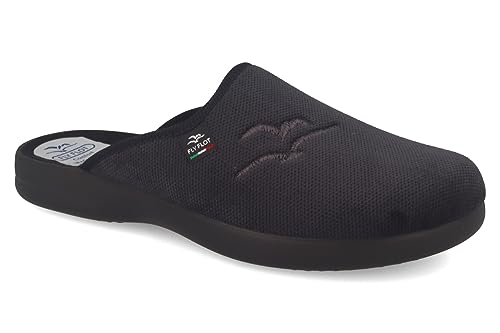 Fly Flot Herren Hausschuh Pantoffel samtige Oberfläche und Logo Stickerei 220084, Größe:46 EU, Farbe:Schwarz von Fly Flot