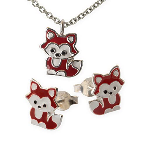 Fly Style Fuchs Schmuckset Silber 925 für Kinder - Mädchen Ohrringe/Damen - Ohrstecker und Halskettchen im Samtsäckchen von Fly Style