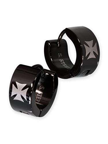 Fly Style Herren Ohrringe Klappcreolen - Eisernes Kreuz Edelstahl Creolen - Matt oder Poliert - Creolen Schwarz - Ohrringe für Herren Kreolen, Farbwahl:schwarz, Durchmesser:14 mm, Breite:4 mm von Fly Style