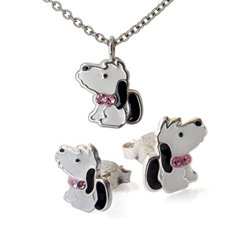 Fly Style Hund Ohrstecker für Kinder/Mädchen/Damen mit Kette Silber/Kinderschmuck Mädchen - Ohrstecker und Halskettchen im Samtsäckchen von Fly Style