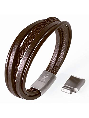 Fly Style Lederarmband Schwarz oder Braun mit Magnet Verschluss aus Edelstahl | Herren Armband geflochten | Länge 18-25 cm | Kunstleder vegan, Längen:ca. 18 bis 19 cm, Farbwahl:braun von Fly Style