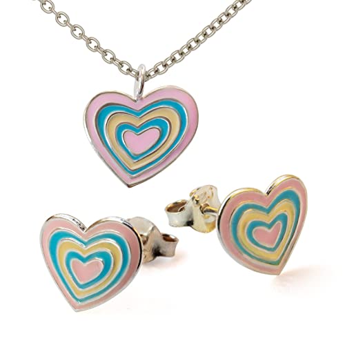 Fly Style Regenbogen Herz Ohrstecker für Kinder / Mädchen / Damen mit Kette Silber / Kinderschmuck Mädchen - Ohrstecker und Halskettchen von Fly Style