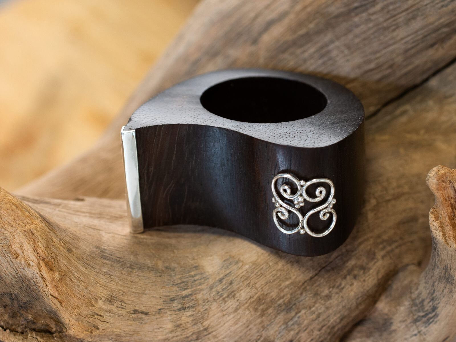 Designer Ebenholz Silber Damen Ring Natur Schmuck Handarbeit Holzringe Boho Holz von FlyStyleShop