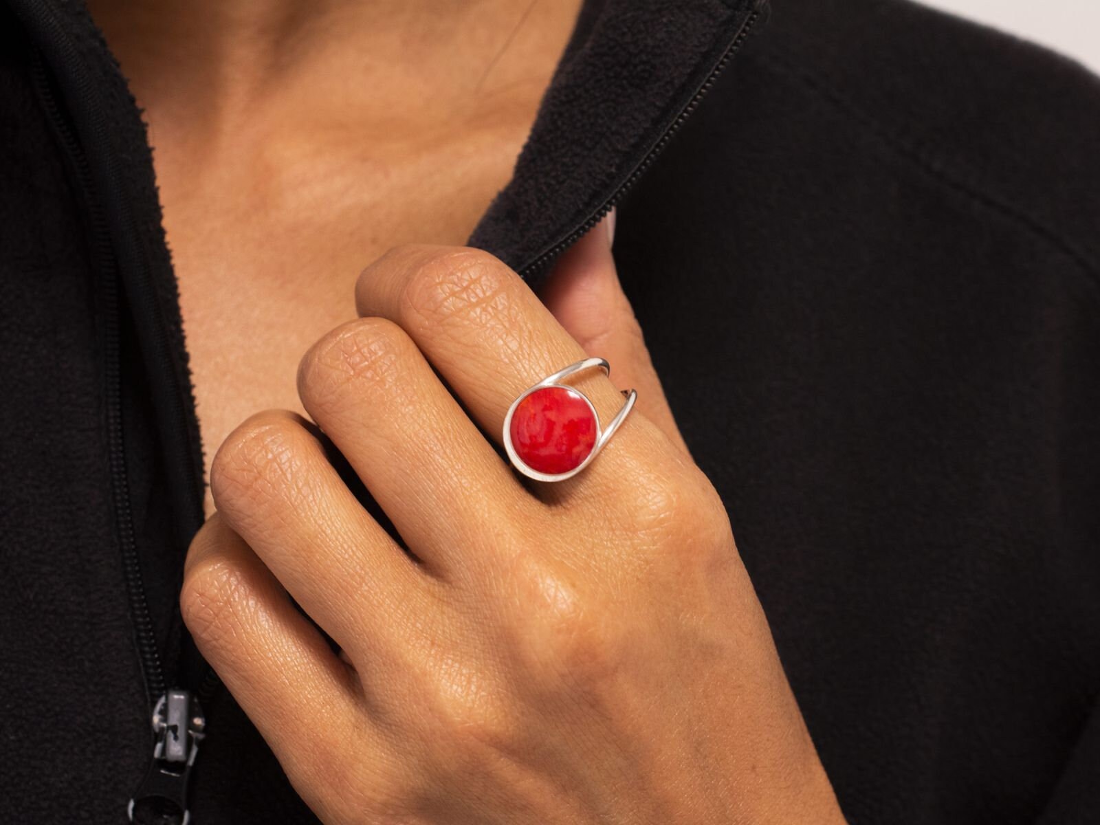 Fly Style Damen Finger-Ring Stein Korallen Optik Silber 925 Risi026_Rot von FlyStyleShop