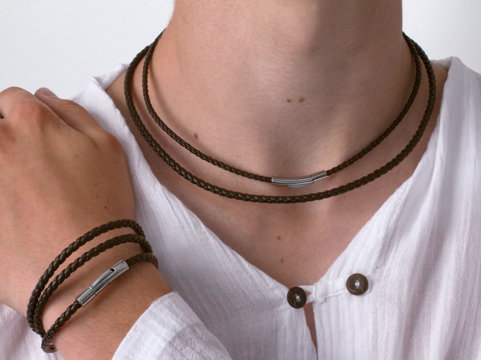 Herren Damen Halskette Leder Lederkette Geflochten Armband Halsband Braun von FlyStyleShop