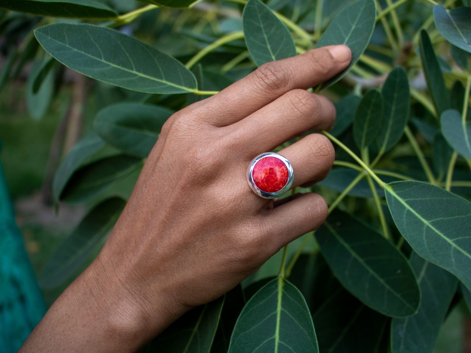 Ring Silber 925 Damen Offener Fingerring Stein Koralle Optik Inlay von FlyStyleShop