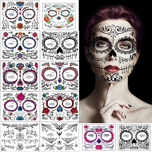 12 Blätter Halloween Gesicht Tattoos Tag der Toten Totenkopf Skelett Spinnennetz Rote Rosen Temporäre Tattoo Aufkleber für Männer Damen Halloween Dia De Los Gruselparty Mottoparty Maskerade von Flyftrey