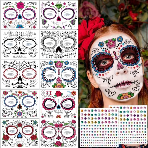 12 Blatt Halloween Gesicht Tattoos, Tag der Toten Totenkopf Skelett Spinne Skull Rote Rosen Temporäre Tattoo Aufkleber für Männer Damen Halloween Gruselparty Mottoparty Maskerade Kostüm Accessoires von Flyftrey